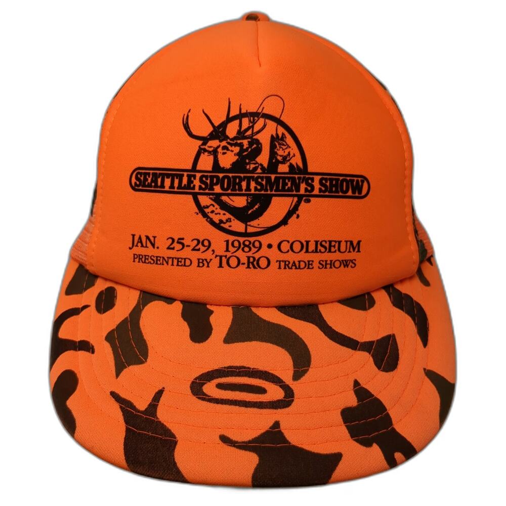 Designer Award Trucker Hat Orange One Size 1989 Seattle Sportsmens Show Camo